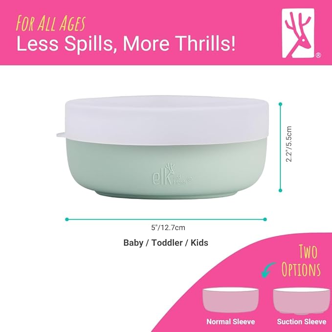 Elk and Friends Kids Porcelain Bowls with Silicone Sleeve + Silicone Lid | Kids/Toddler/Baby Feeding | Microwave & Dishwasher Safe | Non slip | Cereal/Soup/Snack Dishes & Dinnerware