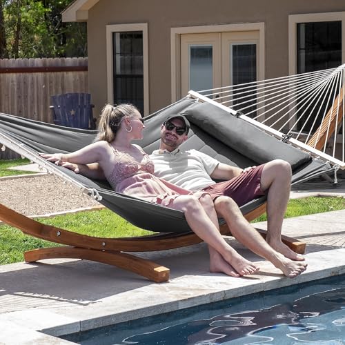 SUNCREAT Hammocks Double Hammock with Wooden Stand, Hammock Cover, Outdoor Hammocks for Outside, 475 lbs Capacity, Dark Gray - color: Dark Gray