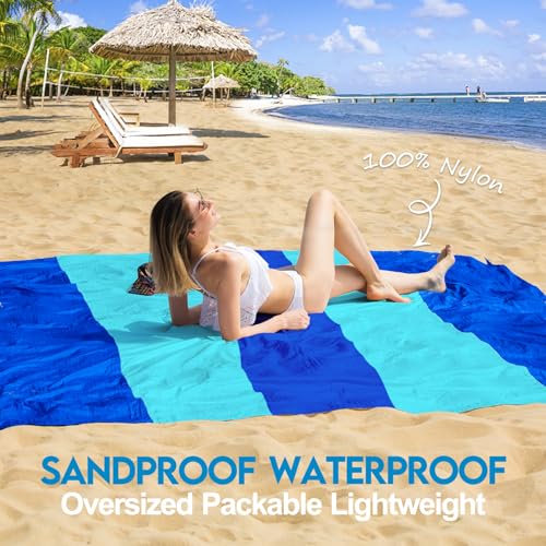 BYDOLL Nylon Beach Blanket Waterproof Sandproof Oversized 7'x7' Suits 1-5 Adults Sand Free Extra Large Blanket Lightweight Soft Picnic Mat for Beach Travel Camping - color: Blue Mix, size: 7'x 7'