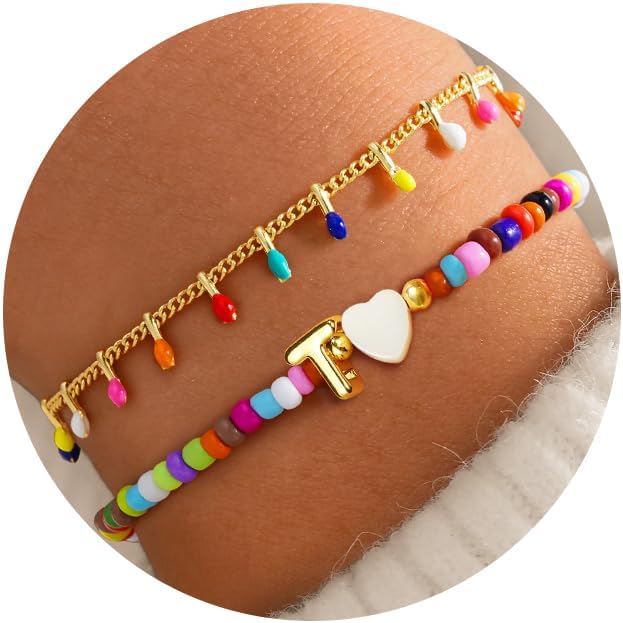 Turandoss Colorful Beaded Bracelets for Women - Trendy Boho Layered Bracelet Cute Charm Bracelets for Teen Girls Summer Gifts Jewrly