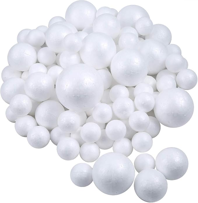 Pllieay 100 White Foam Balls - 5 Sizes, Polystyrene Craft Ball for DIY Art, School Projects and Christmas Decoration
