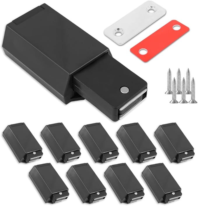 Heavy Duty Push to Open Door Latch, 10 Pack Black Magnetic Push Latches, Hidden Push Touch Latch Hardware for Push to Open Cabinet, Magnetic Door Catch for Drawer Wardrobe Door
