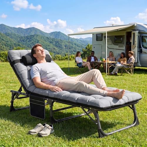 ABORON 3-in-1 Folding Patio Lounge Chair, 440LB Heavy-Duty Tri-Fold Guest Bed with Plush Cotton Cushion, No Assembly Adjustable Recliner for Office Nap, Patio Sunbathing, Poolside & Camping - color: Jet Obsidian