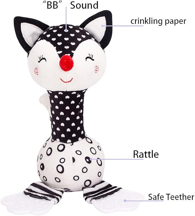D-KINGCHY Baby Toys 0-12 Months, Black and White Newborn Toys, Soft Plush Rattle Stuffed Animal Toy with Teether and Sound, Developmental Hand Grip Toys (Fox)