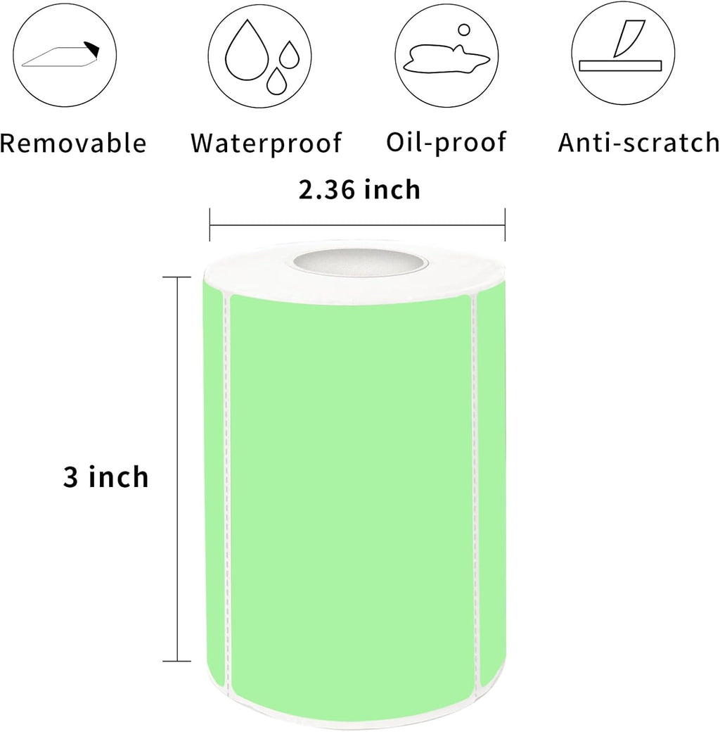 2×3 Inch Green Removable Thermal Labels,Self-Adhesive Square Direct Thermal Labels,300 Sheets per Roll with Perforated Lines