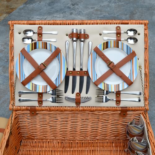 Picnic at Ascot Original Dorset English-Style Willow Picnic Basket with Service for 4 and Blanket- Designed, Assembled & Quality Approved in the USA - color: Wicker With Santa Cruz Plates/Napkins