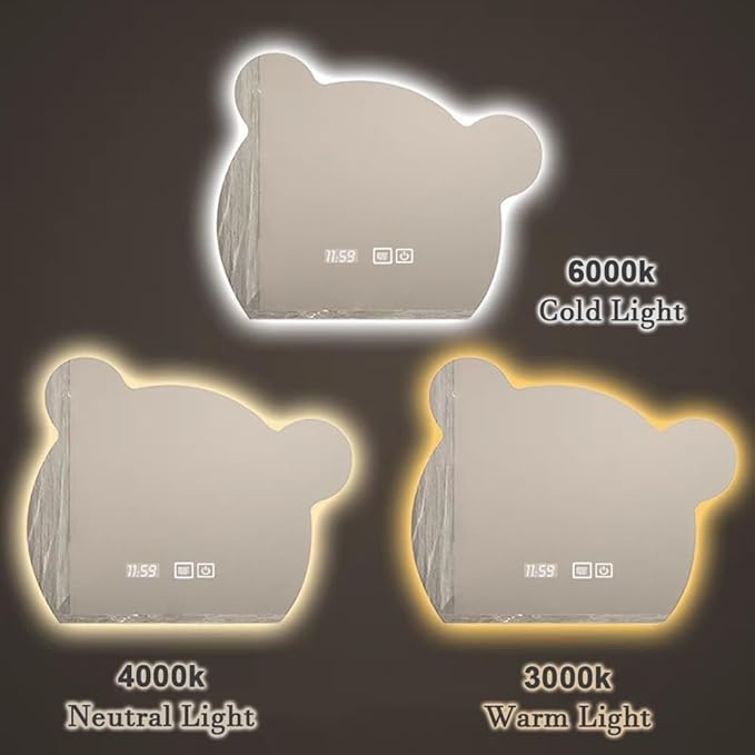 LTSRLL LED Vanity Mirror Cute Bear Decorative Mirror for Bathroom & Dressing Tabler Backlight Wall Mirror with 3 Color Dimmable Light Demister Pad Human Body Sensor Switch(Cut Right,60cmx75cm)