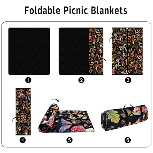 Supfitness Extra Large Picnic Blankets Waterproof Foldable (80"x 80") Mushroom Beach Blanket Waterproof Sandproof,3-Layer Thicking Mat Outdoor Packable Camping Blanket - color: Black-2, size: 6'8" x 6'8" (Square)