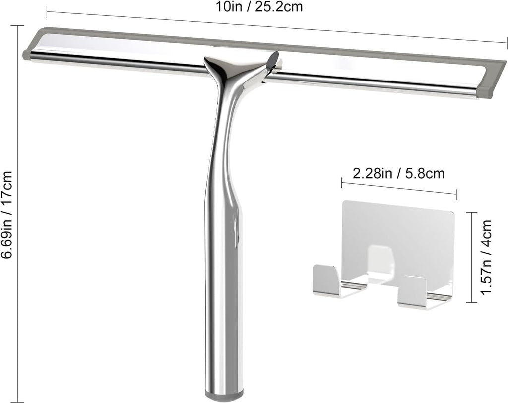 Shower Squeegee for Glass Doors, Stainless Steel Shower Squeegee for Bathroom, Window and Tiles, All-Purpose Squeegee with Adhesive Hook-10”, Chrome
