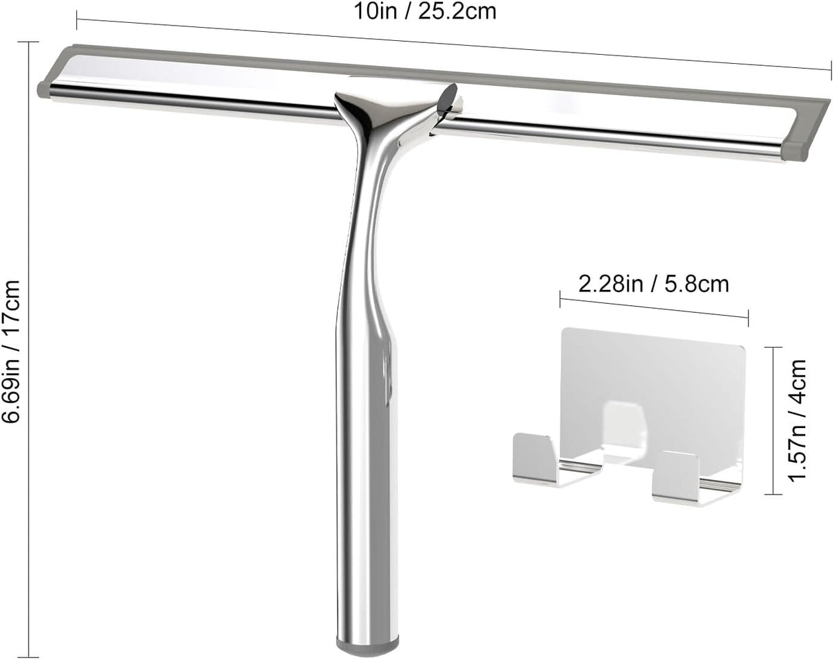 Shower Squeegee for Glass Doors, Stainless Steel Shower Squeegee for Bathroom, Window and Tiles, All-Purpose Squeegee with Adhesive Hook-10”, Chrome
