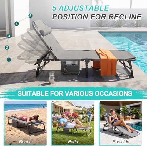 ABORON 3-in-1 Folding Patio Lounge Chair, 440LB Heavy-Duty Tri-Fold Guest Bed with Plush Cotton Cushion, No Assembly Adjustable Recliner for Office Nap, Patio Sunbathing, Poolside & Camping - color: River Astral
