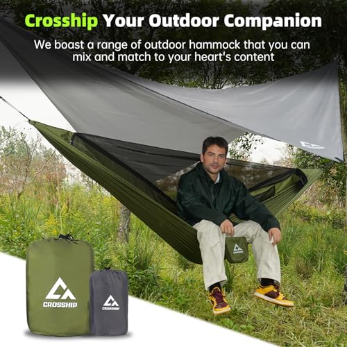 Camping Hammock with Mosquito Net – Portable Parachute Nylon Backpacking Hammock with Tree Straps, Camp Rope & Stake - for Hiking, Backpacking, Travel, Backyard, Beach – Holds Up to 500lbs (Green) - color: Green