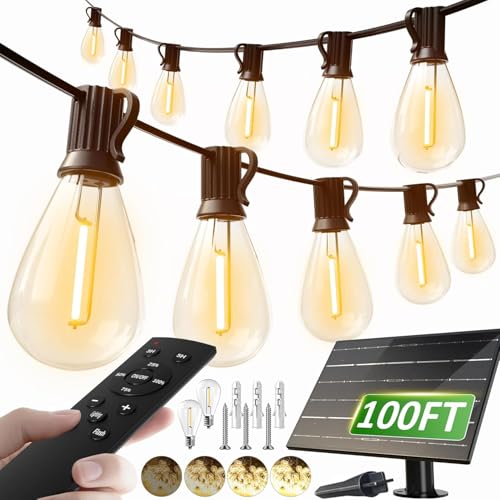 luckystyle 100FT Solar String Lights Outdoor Waterproof 2200K with Remote & USB Charging, 36+2 LED Shatterproof Bulbs, Dimmable & Timable, 3 Light Modes, Long Last for Garden,Patio, Backyard, Camping