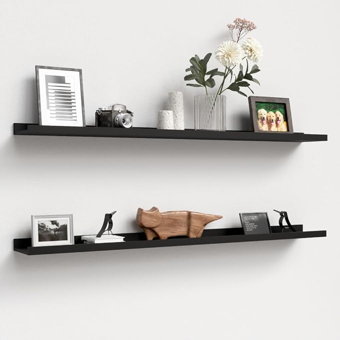 47.2 Inches Long Floating Shelves Wall Mounted, 2 Set Modern Wall Shelf for Bedroom, Nursery Book Shelf with Lip, Picture Ledge Shelf for Wall Decor Living Room Bathroom Kitchen - Black