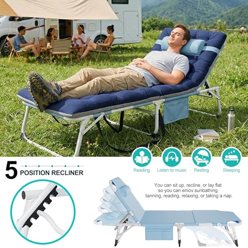 ABORON 4-in-1 Lounge Chair with Face & Arm Holes for Tanning, 440LB Heavy-Duty Folding Recliner with Plush Cotton Cushion, No Assembly Tri-Fold Guest Bed for Sunbathing, Poolside, Office Nap & Camping - color: Coastal Blue Extra Wide