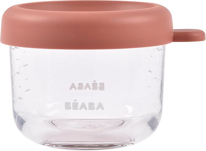 Beaba 5 oz Glass Baby Food Jars with Soft Silicone Air Tight Lids, Glass Storage Containers with Lids, Microwave and Freezer Safe Containers, Terracotta