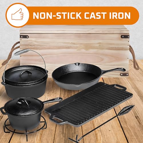 Bruntmor Camping Cooking Set Of 7. Pre Seasoned Cast Iron Pots And Pans Dutch Oven With Lids For Outdoor Comefire. Grill Cookware Skillet Sets With Storage Box
