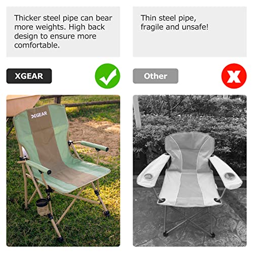 XGEAR Camping Chair with Padded Hard Armrest, Sturdy Folding Camp Chair with Cup Holder, Storage Pockets Carry Bag Included, Support to 400 lbs - color: Green With Khaki