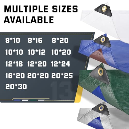Kesfitt 12 Mil Heavy Duty Waterproof Tarp with Metal Grommets, 12x20 ft, Silver & Blue Reversible Poly Tarp for Outdoor Protection, Yard, Worksite, Pools, Vehicles, Equipment Coverage - size: 12x20 ft