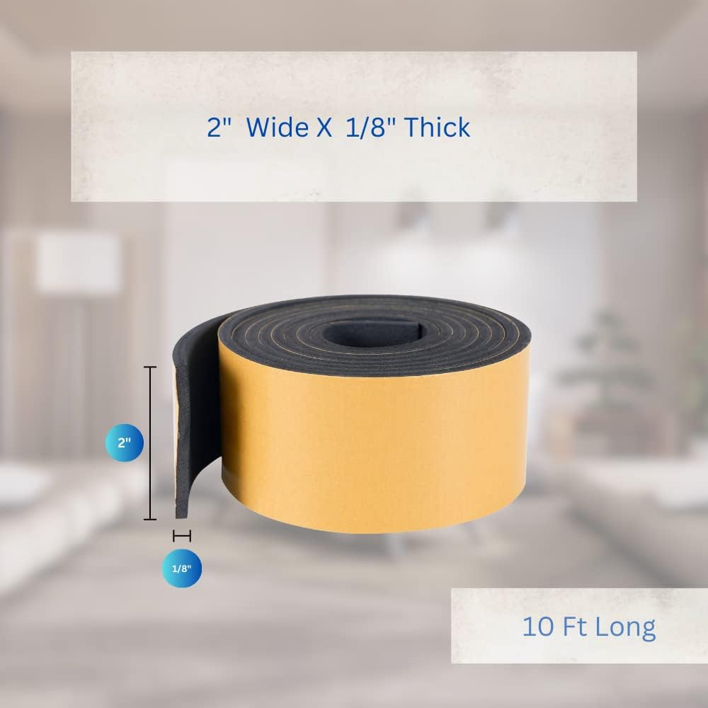 High Density Foam Weather Stripping Door Seal Strip Insulation Tape Roll for Insulating Door Frame, Window, Air Conditioner | Self Adhesive Sealing Weatherstrip (2 in x 1/8 in x 10 Ft, Black)