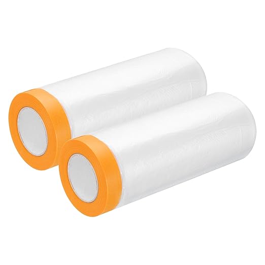 uxcell 2 Rolls Painters Plastic with Tape, 10 x 52 Ft Pre-Taped Masking Film Tape and Plastic Film Paint Plastic Covering Roll for Covering Skirting, Frames and Auto Body, Yellow/Clear