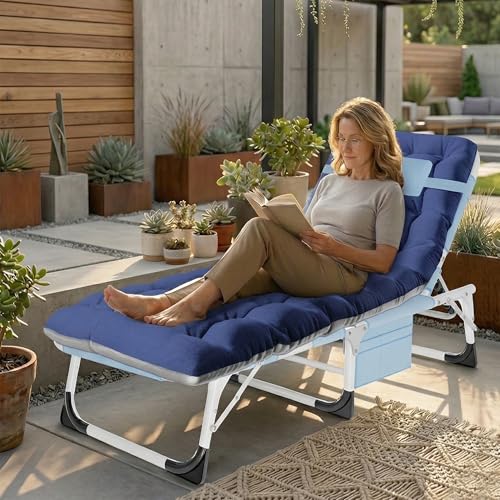 ABORON 4-in-1 Lounge Chair with Face & Arm Holes for Tanning, 440LB Heavy-Duty Folding Recliner with Plush Cotton Cushion, No Assembly Tri-Fold Guest Bed for Sunbathing, Poolside, Office Nap & Camping - color: Estate Prussian Extra Wide