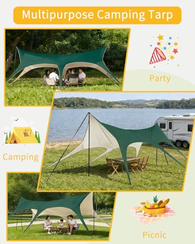 Camping Tarp with Poles, No Rope Tying 2-Step Setup, 11x18FT Waterproof 10-12 Person Tarp Shelter, 22ft² 2.6m Height 210D Oxford Family SUV Park Beach Outdoor Sun Shelter, Olive - color: Olive