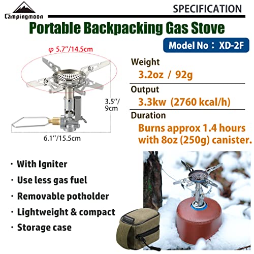 CAMPINGMOON Canister Top Stove Portable Compact Foldable w/Micro Regulator w/4Flex w/igniter XD-2F (Silver)