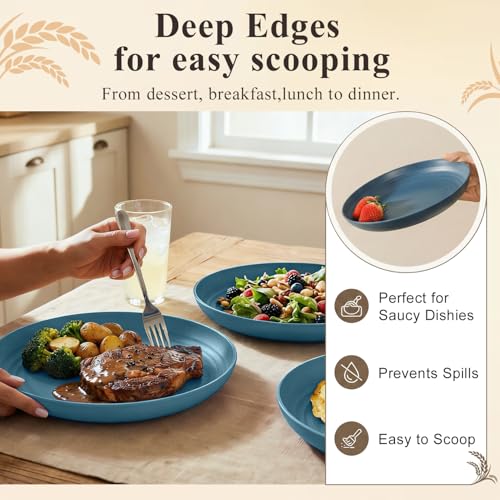 Deep Dinner Plates 9 Inch, Plastic Plates Reusable, Unbreakable Wheat Straw Plates Set of 8, Microwave & Dishwasher Serving Plate for Holiday, Party, Restaurant, Camping - Blue - color: Blue, size: 9 inch