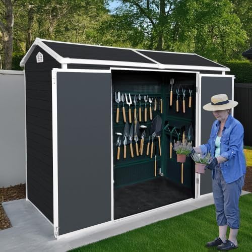 LANTRO JS Storage Shed with Floor Included, 8x4FT Plastic Storage Shed with Floor 2 Windows and Lockable Door Sheds for Garden Tools, Bike