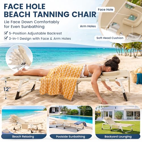 ABORON 4-in-1 Lounge Chair with Face & Arm Holes for Tanning, 440LB Heavy-Duty Folding Recliner with Plush Cotton Cushion, No Assembly Tri-Fold Guest Bed for Sunbathing, Poolside, Office Nap & Camping - color: Beige Khaki Standard