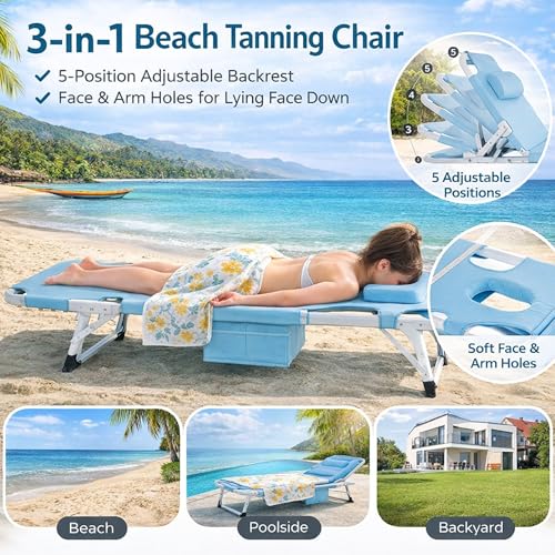 ABORON 4-in-1 Lounge Chair with Face & Arm Holes for Tanning, 440LB Heavy-Duty Folding Recliner with Plush Cotton Cushion, No Assembly Tri-Fold Guest Bed for Sunbathing, Poolside, Office Nap & Camping - color: Coastal Blue Extra Wide