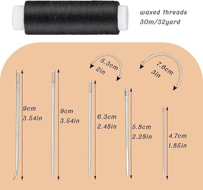 Ftyiwu Waxed Thread, Upholstery Needle and Thread 32 Yards with 7PCS Hand Sewing Needles for Home Upholstery Carpet Canvas Repair Leather Sewing (Black)