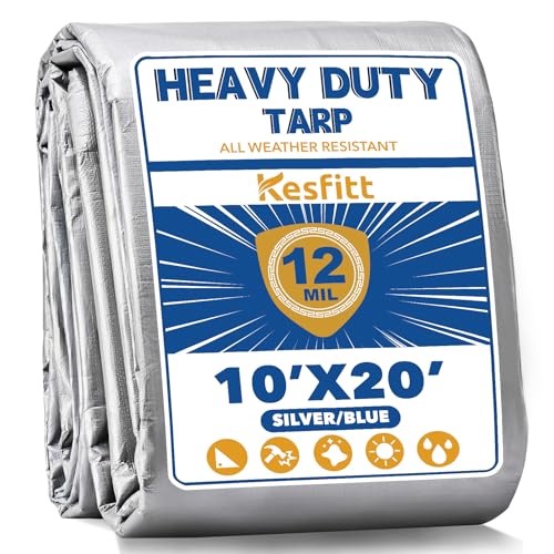 Kesfitt 12 Mil Heavy Duty Waterproof Tarp with Metal Grommets, 10x20 ft, Silver & Blue Reversible Poly Tarp for Outdoor Protection, Yard, Worksite, Pools, Vehicles, Equipment Coverage - size: 10x20 ft