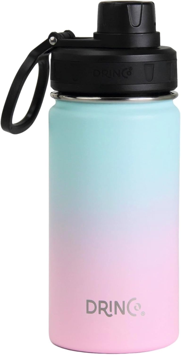 DRINCO Stainless Steel Water Bottle Spout Lid Vacuum Insulated Double Wall Water Bottle Wide Mouth (40oz 32oz 22oz 18oz 14oz) Leak Proof Keeps Cold or Hot (14 oz, 14oz Macaron)