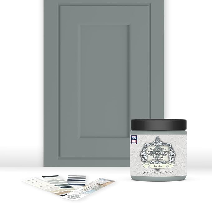ALL-IN-ONE Paint, Durable cabinet and furniture paint. Built in primer and top coat, no sanding needed. Includes our 30 featured color card - London (green gray), 8oz Sample