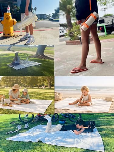 Kids Picnic Blanket, Kids Beach Mat – Medium 4’9” × 3’3” Compact Canvas, Easy to Fold & Carry - color: Creamy White + Baby Blue Strap, size: 4'9" x 3'3"