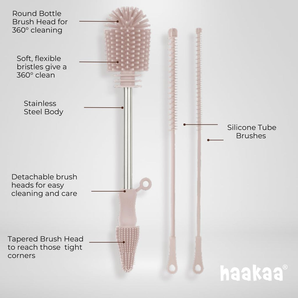 Haakaa Silicone Cleaning Brush Kit – Household Cleaning Brushes for Bottles and Crevices – Food-Grade Silicone: Dishwasher Safe (Kit-Blush)