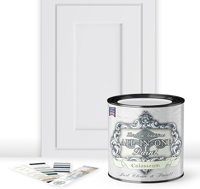 ALL-IN-ONE Paint, Durable cabinet and furniture paint. Built in primer and top coat, no sanding needed. Includes our 30 featured color card - Colosseum (white with subtle gray undertone), Gallon