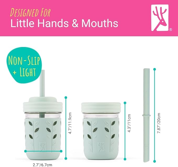 Elk and Friends Kids & Toddler Cups | The Original Glass Mason jars 8 oz with Silicone Sleeves & Silicone Straws with Stoppers | Smoothie Cups | Spill Proof Sippy Cups for Toddlers | 4 Pack