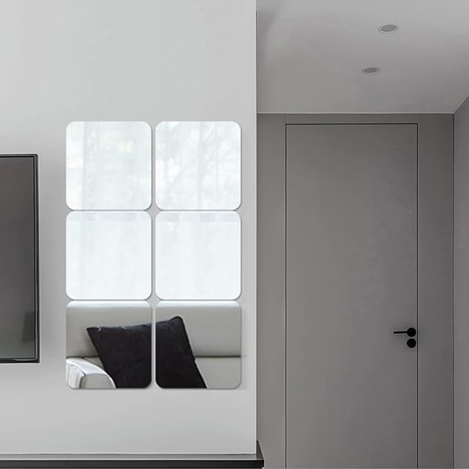 Acrylic Self Adhesive Mirror Sheet for Wall, Plastic Non Glass Sticky Kid Safety Mirror Tiles for Wall Rectangle 6x8 inch 4Pcs