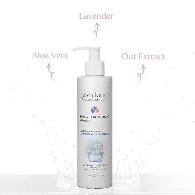 Gew’n Kirish Natural Baby Shampoo & Body Wash – Tear-Free, Hypoallergenic Cleanser with Lavender Oil, Aloe Vera & Oat Extract, Plant-Based, Vegan, Sulfate-Free Formula, 7.5 fl oz