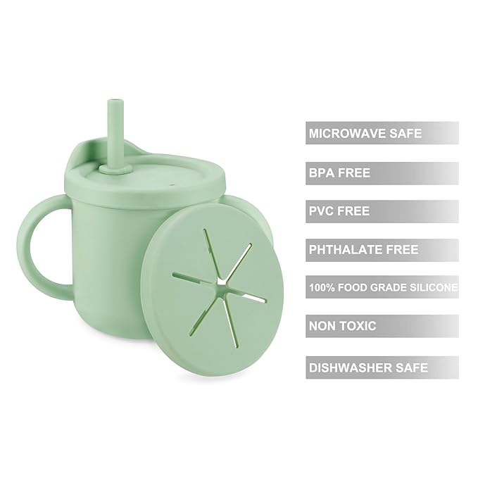 PandaEar 2 Pack Silicone Baby Straw & Snack Cup with 2 Spoons 2 Forks, Dual-Purpose Toddler Training Cups, Pink Green