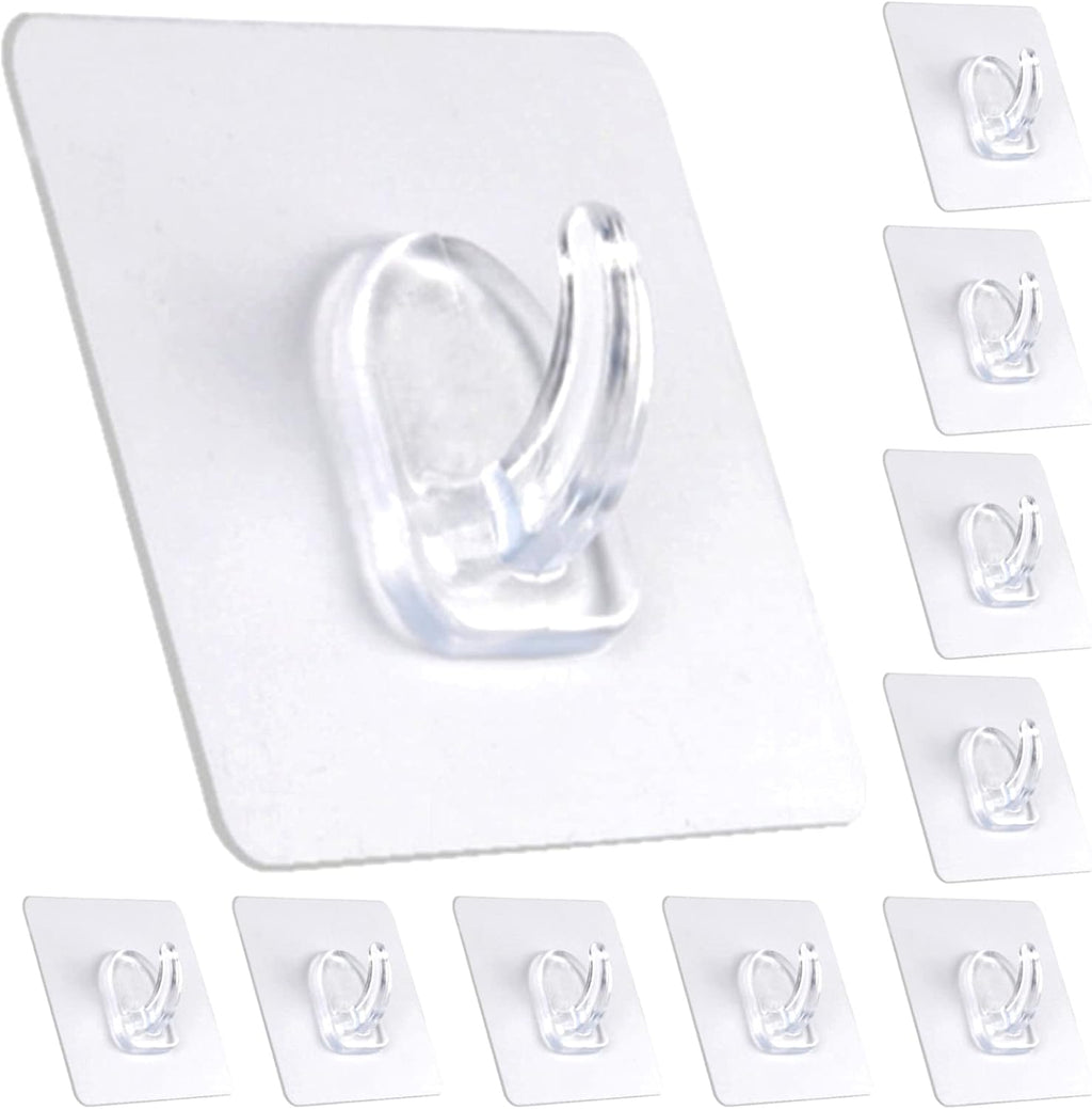 Adhesive Hooks, Heavy Duty Utility Hooks 20 lb(Max) Waterproof and Oilproof Removable, Clear Seamless Hooks Reusable Wall Hook for Kitchen Bathroom Bedroom Office - 10 Pack