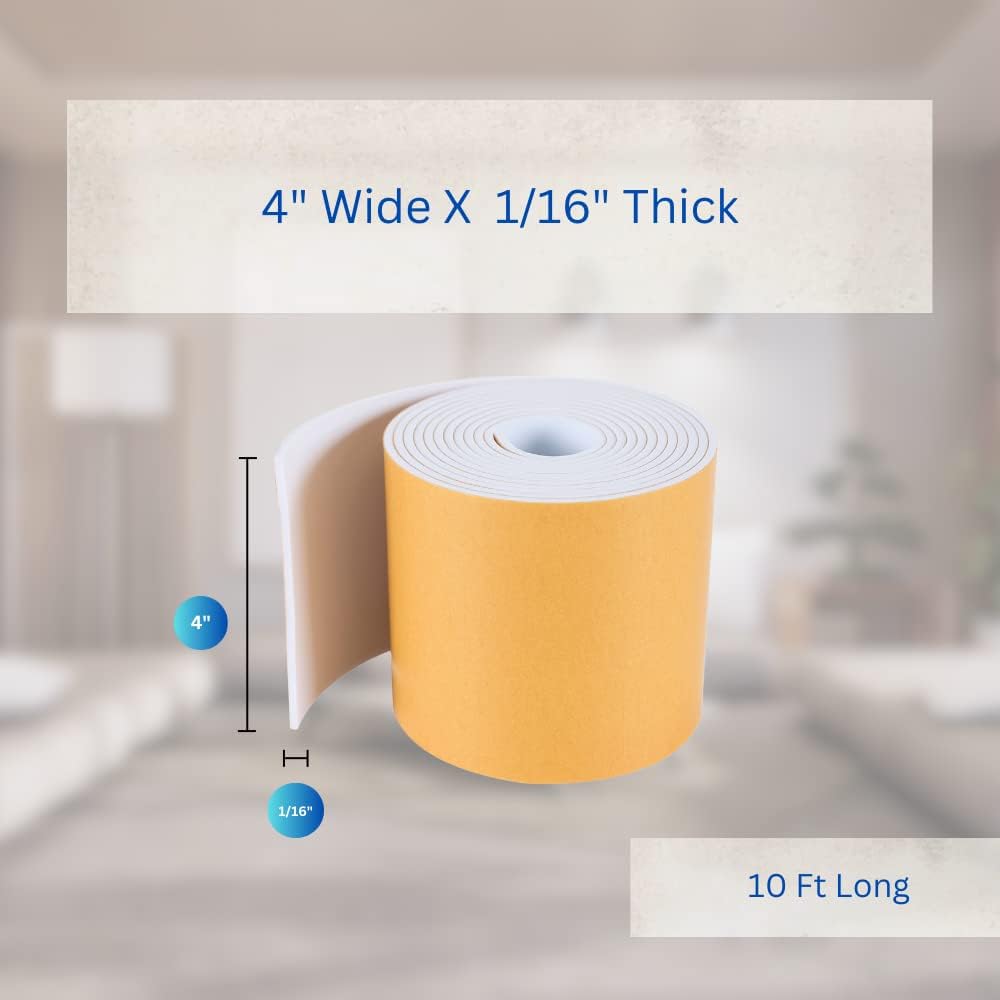 High Density Foam Weather Stripping Door Seal Strip Insulation Tape Roll for Insulating Door Frame, Window, Air Conditioner | Self Adhesive Sealing Weatherstrip (4 in x 1/16 in x 10 Ft, White)
