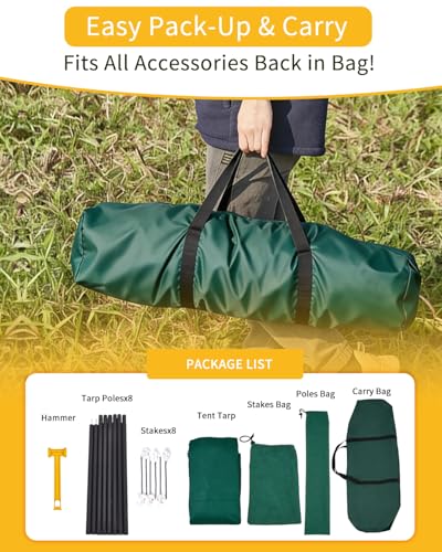 Camping Tarp with Poles, No Rope Tying 2-Step Setup, 11x18FT Waterproof 10-12 Person Tarp Shelter, 22ft² 2.6m Height 210D Oxford Family SUV Park Beach Outdoor Sun Shelter, Olive - color: Olive