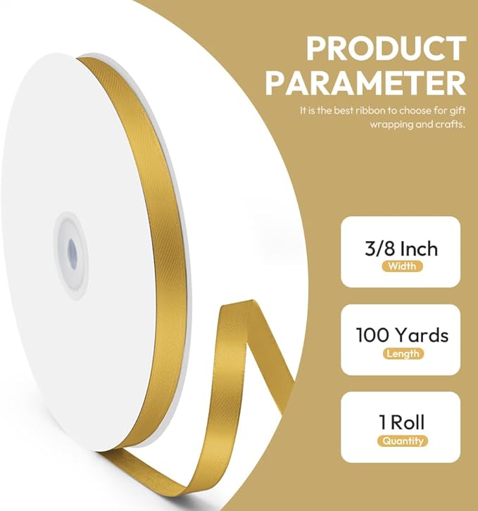 3/8" x 100 Yards Satin Ribbon - Dark Gold Silk Ribbon with Spool - Ideal for Gift Wrapping, Floral Bouquets, Crafts, Wedding Party Decorations, Christmas and Sewing Projects