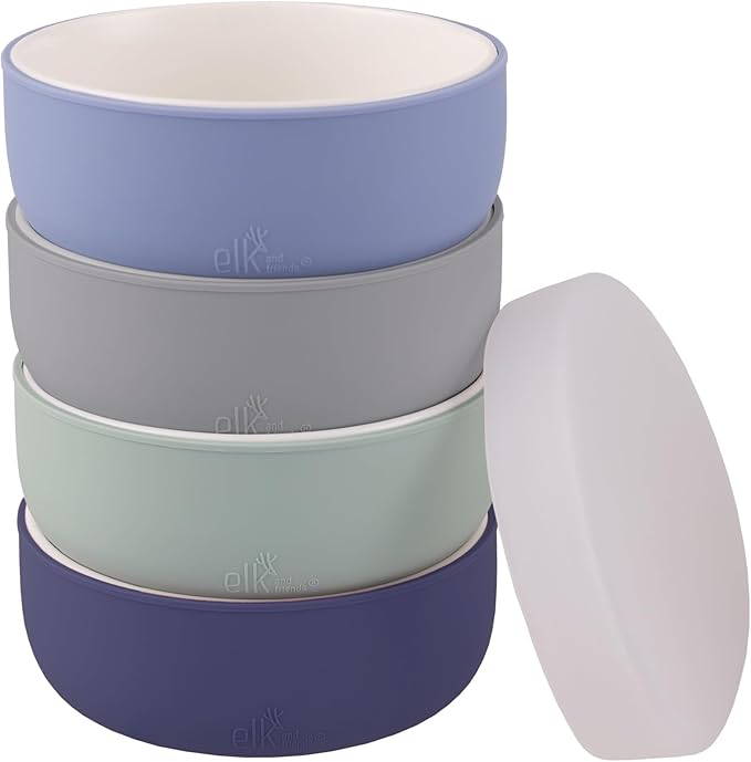 Elk and Friends Kids Porcelain Bowls with Silicone Sleeve + Silicone Lid | Kids/Toddler/Baby Feeding | Microwave & Dishwasher Safe | Non slip | Cereal/Soup/Snack Dishes & Dinnerware