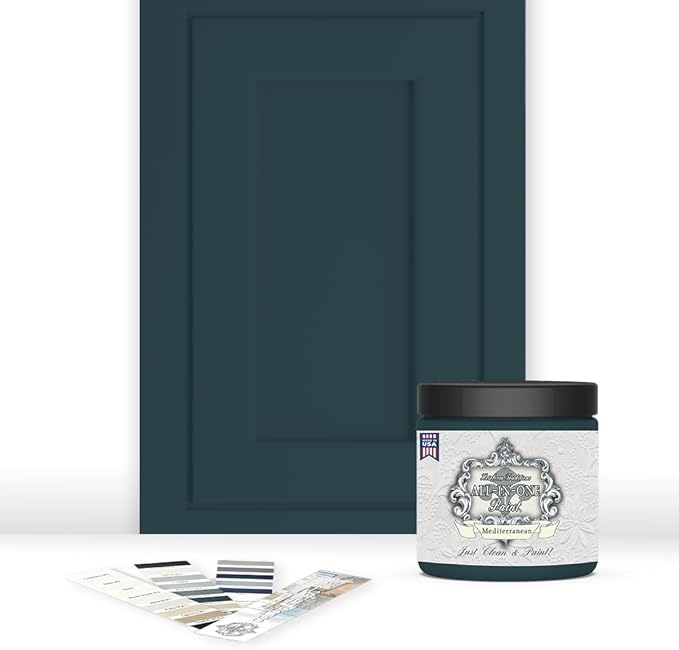 ALL-IN-ONE Paint, Durable cabinet and furniture paint. Built in primer and top coat, no sanding needed. Includes our 30 featured color card - Mediterranean (blue teal), 8oz Sample