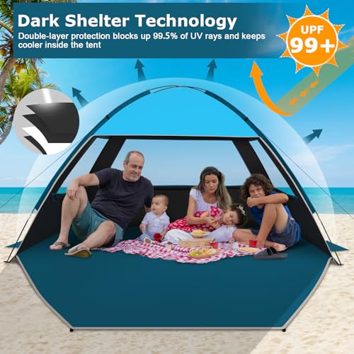 COMMOUDS Beach Tent Sun Shade for 3/4/6/8 Person, UPF 50+ Beach Sun Shelter Canopy Tent, Lightweight, Easy Set Up and Carry - color: Sky Blue with Dark Shelter, size: 6 Person